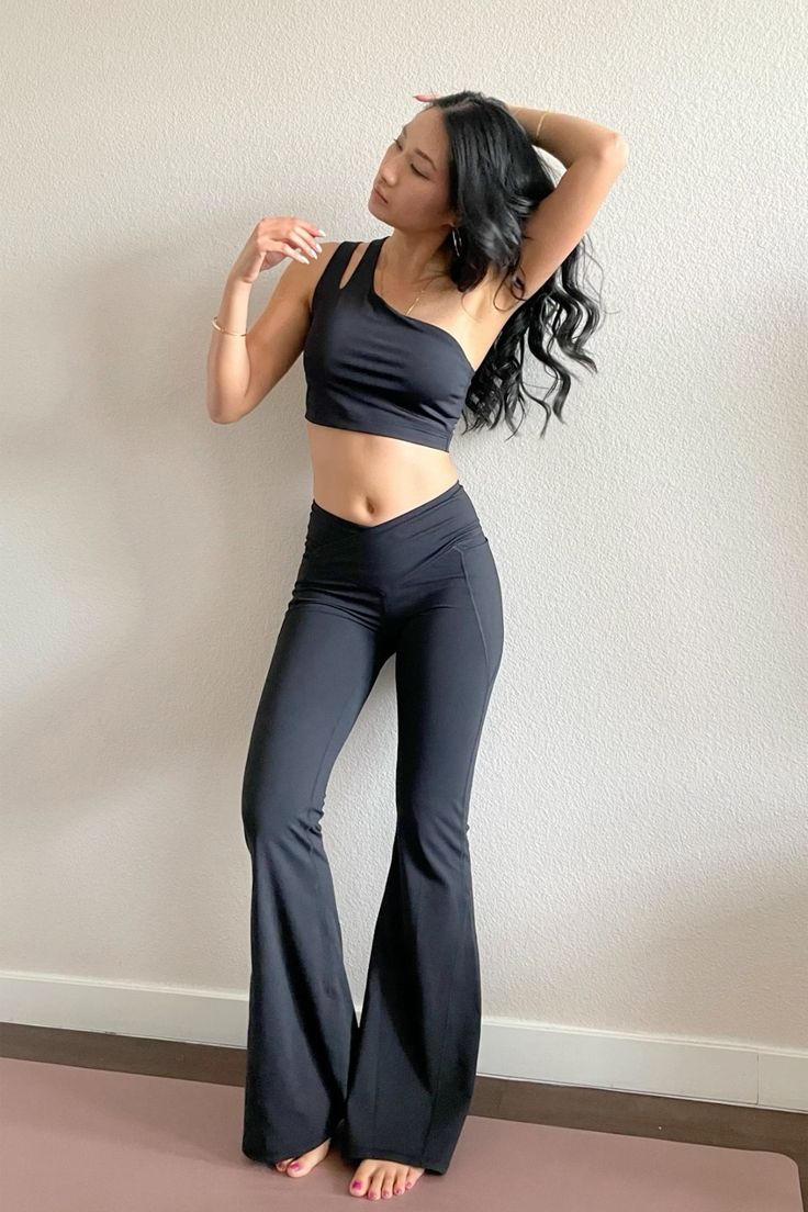 Black One-Shoulder Crop Top with Black Flare Leggings 